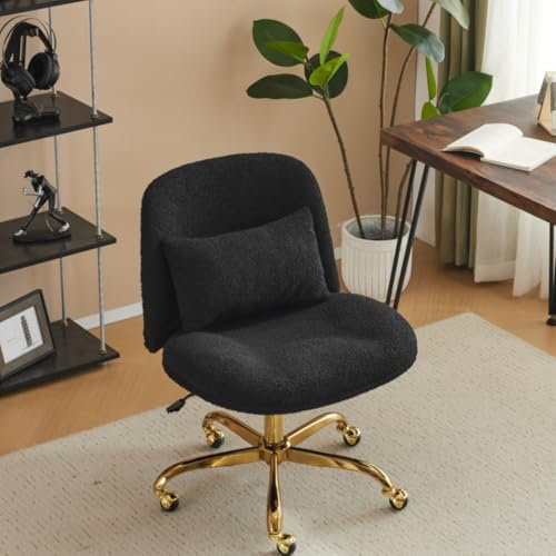 Bonnlo Bürostuhl ohne Armlehne, Schneidersitz Stuhl, Schminktisch Stuhl mit Lendenkissen, Drehstuhl mit Rollen, Höhenverstellbar Breiter Schreibtischstuhl, Homeoffice, Teddy-Stoff (Grau)