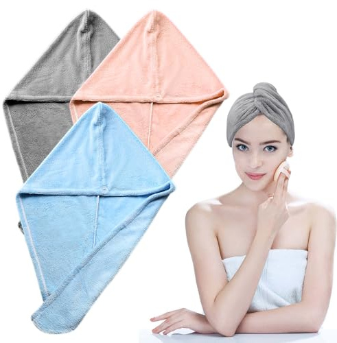 Qacpahucy 3 Piezas Toalla Microfibra Pelo - Gorro Secado Rápido Superabsorbente - Diseño con Botones y Anilla - Juego de 3 Colores (Gris Azul Claro Rosa) - Ideal para Salón y Hogar
