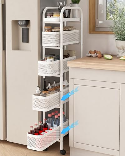 UMDONX Premium Metal Kitchen Storage Trolley with Pull out Basket Narrow 5 Tier, Vegetable Fruit Organiser Rack Utility Rolling Cart on Lockable Wheels, Pantry Shelf Slim Shelving Unit, White