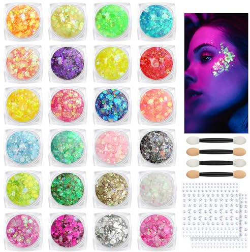 BUTBU Fluorescerande paljetter, 24 färger gelglitter för kropp, fluoreszierendes glitter, sminkgelglitter för kropp, läppar, smink, maskerad, halloween, jul, musikfester