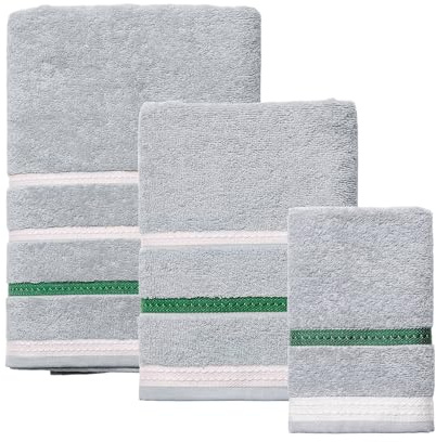 Set Toallas 450GSM 100% Algodón - Baño (70x140cm), Tocador (30x50cm), Manos (50x90cm) - Color Gris y Rayas 'Neutral' Benetton