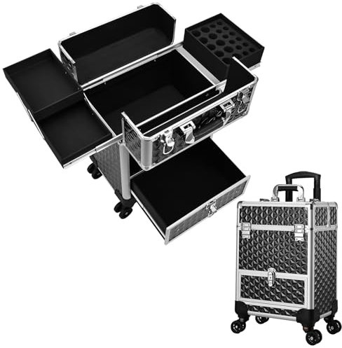 Kosmetik Trolley mit Schublade Kosmetikkoffer Trolley Friseurkoffer mit Rollen Make up Koffer Schminkkoffer Beauty Case Nagelkoffer Abschließbare Beauty Case,Schwarz