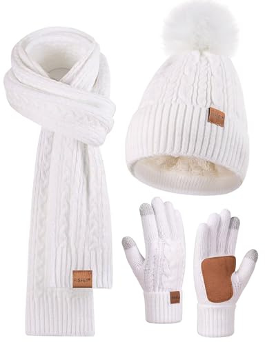 FISFET Mütze, Schal & Handschuh-Sets für Damen, Beanie Mütze Damen Winter mit Bommel Fleece Gefütterte, Touchscreen Handschuhe Schal Wärmer Cap 3 in 1 Set(Weiß)