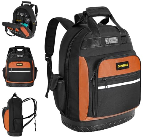 OUUTMEE Tool Backpack, Multi-Pocket Tool Bag with ABS Reinforced Base | Heavy Duty Tool Organiser with Padded Shoulder & Waist Straps, Tool Storage Gear for Electricians & Construction