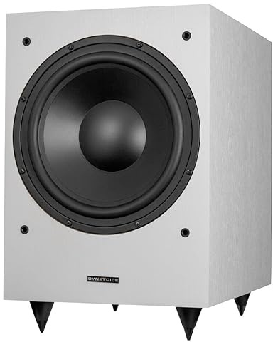DYNAVOICE Magic MW-10 Blanco Mate – Subwoofer Activo 10” 180W RMS (250W Máx.), Bass Reflex Inferior, Control de Fase y Crossover | Rejilla Gris Claro y Puntas Negras | Home Cinema y HiFi