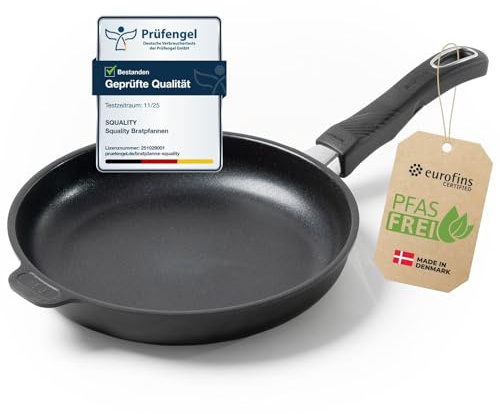 Squality Premium Bratpfanne PFAS frei 24 cm – Antihaft Pfanne beschichtet aus Dänemark | Ofenfest bis 260 °C, induktionsgeeignet, ergonomisch, für gesundes Kochen ohne Schadstoffe | Non Stick Pan