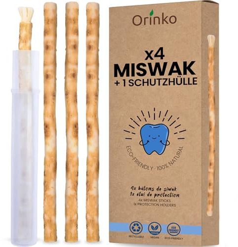 ORINKO Lot de 4 Bâtons de Siwak + Étui de protection – Brosse à Dents 100% Naturelle – Nettoyant, Désinfectant et Blanchissant - Écologique, Biodégradable et Végan – Ebook Offert