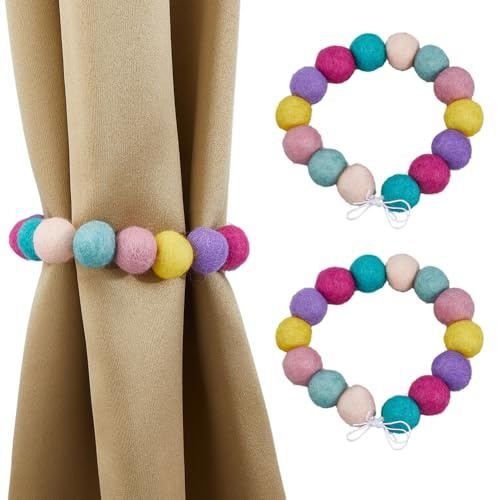 SUPERFINDINGS 2PCS Boho Beaded Tiebacks Colorful Felt Beaded Curtain Tiebacks Rainbow Curtain Holdbacks Decorative Tie Backs for Home Office Drapes Curtains, 45cm/17.8