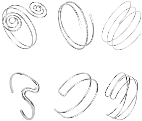 Mikovivi 6 Pezzi Braccialetti da Braccio in Argento per Donna, 6 Stili Regolabili Braccialetti Aperti da Braccio Gioielli Minimalisti con Spirale per l'Uso Quotidiano Regalo Bohémien