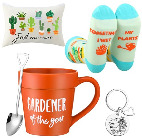 LemonRoad 4 Pcs Plant Lovers Gift Set for Women Plant Theme Birthday Gift for Lady Mom Gardener Teacher Friend Include Gardening Coffee Mug with Shovel Spoon Sock Makeup Bag Keychain Office Home Decor