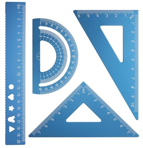 ARYIMYDP Set de Geometría, 4 Piezas, Reglas Escolares de Aleación de Aluminio Metálico, Escuadra y Cartabón, Transportador Geométrico, Conjunto de Reglas de Aluminio Metal Recto Triángulo