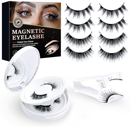 Magnetische Wimpern NatüRlicher Look, Magnet Lashes mit Applikator, Falsche Magnetic Wimpern Ohne Kleber and Eyeliner 8Pcs