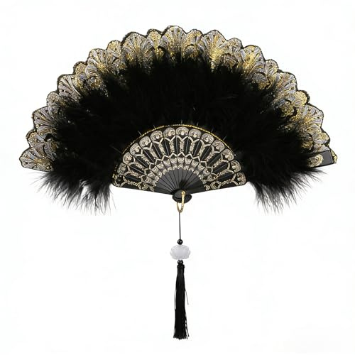 YSTrillion Display Fans,Embroidered Flower Marabou Feather Fan,1920s Vintage Style Folding Handheld Feather Fan,Flapper Hand Fan for Costume Party Dancing Wedding Decor-Black