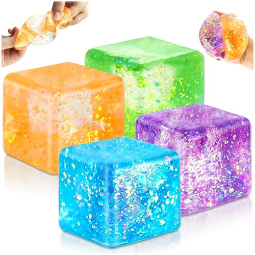 4 stycken glitter iskub leksak, trevlig kub långsam återställning, stora fidgetleksaker, stressboll för vuxna barn, anti-stressleksak för lugnande för autism adhs