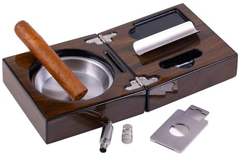Prestige Import Group - Folding Wood Cigar Ashtray Set w/Cutter - Color: Walnut by