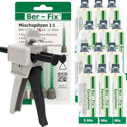 Ber-Fix 2K Epoxidkleber 5 Min 12x50g + 12 Düsen + Pistole starre Epoxid | 2K Epoxidkleber 5 Min 12x50g + 12 Mischdüsen + Pistole starre Epoxid: 2K Epoxidkleber für starre