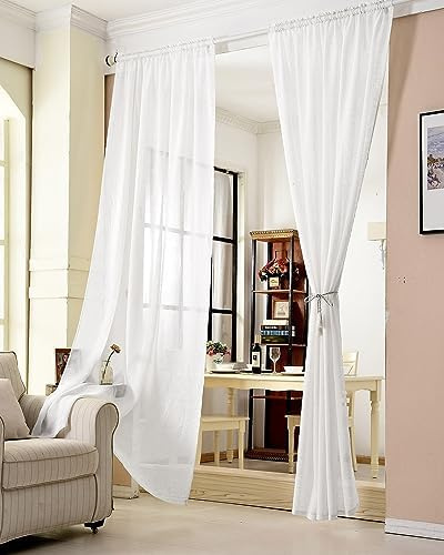 WOLTU Gardinen transparent mit Kräuselband Vorhang Leinenoptik Halbtransparent Voile Leinenvorhang Stores Fensterschal Dekoschal Wohnzimmer Kinderzimmer Schlafzimmer, 140x225 cm Weiß (1 Stück)