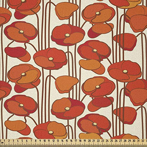 ABAKUHAUS Blumen Stoff als Meterware, Mohnblumen Retro Frühling, Microfaser Stoff für Dekoratives Basteln, 1M (230x100cm),Orange und Elfenbein