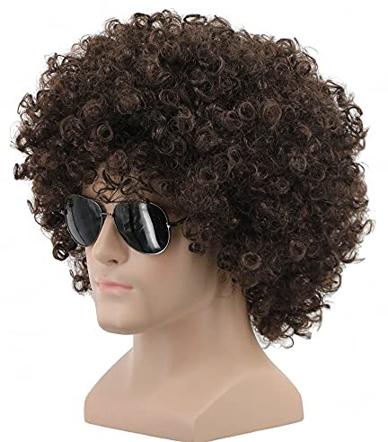 Yuehong Kurze Lockige Dunkelbraune Afro Perücke 70er Disco Unisex Perücke
