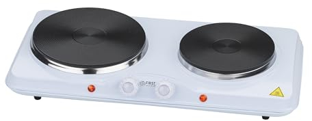 TZS First Austria Placa de cocina, placa eléctrica doble de hierro fundido, placas de cocina para el hogar, camping y viajes, control termostático continuo, en blanco, 2500 W