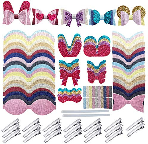 AOUXSEEM Faux Leather Hair Bows DIY Making Kit with Pre Cut Pieces and Hair Clips,Make Fashionable Shiny Hair Clips for Girls Lady Woman(Cute,20 Set)