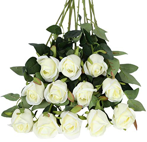 Tifuly Artificial Flowers,12 Pcs Single Long Stem Fake Rose Silk Flowers Faux Rose Bridal Bouquet Realistic Flower for Wedding Party Home Table Decoration Centerpieces(Bud Roses,White)