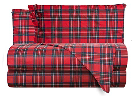 Smart Deco Home Completo letto lenzuola federe letto stampa fantasia 100% Cotone Made in Italy 4 pezzi MATRIMONIALE SCOZZESE ROSSO