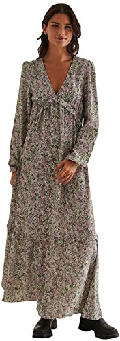 NA-KD Abito da Donna con Maniche a Palloncino Maxi con Volant Casual, Fiore Rosa., 42