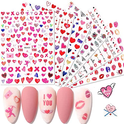 Nagelsticker, Valentinstag Nagelaufkleber Selbstklebend, 3D Herz Nagel Aufkleber Valentinstag Nail Art Dekoration für Frauen Mädchen(6 Blätter)