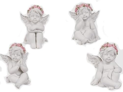 CBK-MS Engel sitzend mit rosafarbenen Rosenblütenkranz 4 Stück ca. 6 cm Deko Engel Figur