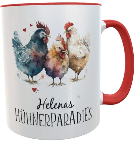 Kilala Hühner Kaffeebecher mit Namen Hühnerbecher aquarell Geschenk für Hühnerhof-Fans Mädchen Frauen Kinder (Hühnerparadies rot)