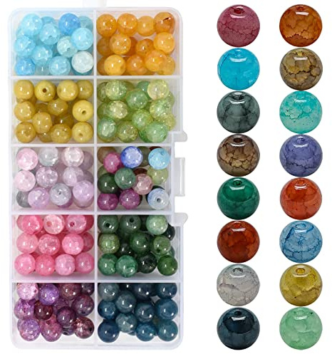 Set med 200 runda glaspärlor, 8 mm spruckna kristallpärlor med hål, färgglada naturliga lösa pärlor för armband, smyckestillverkning, halsband, örhängen