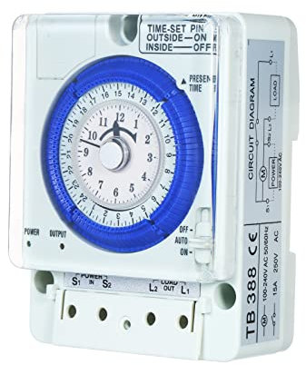 Weytoll Timer meccanico 24 ore con batteria Intervalli di 15 minuti Perni a pressione Mancanza di alimentazione 100 V-240 V 15 A Interruttore orario Guida DIN Ideale per luci LED CFL