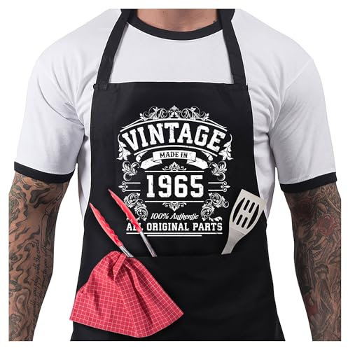 Bang Tidy Clothing 60th Birthday Gift Ideas For Men - BBQ Grilling Apron For Husband - Vintage Original Parts Born In 1965 - Cooking Accessories - Black
