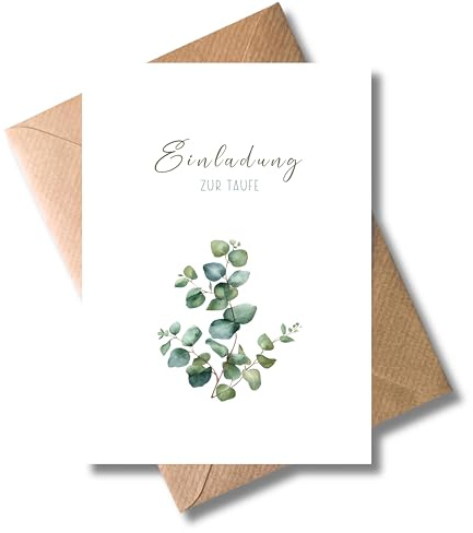 WBdesignz 10er-Set Einladungskarten zur Taufe mit Umschlägen - Minimalistische Taufeinladungen mit Eucalyptus Motiv - Karten für Jungen & Mädchen zum Tauffest(DIN A6)