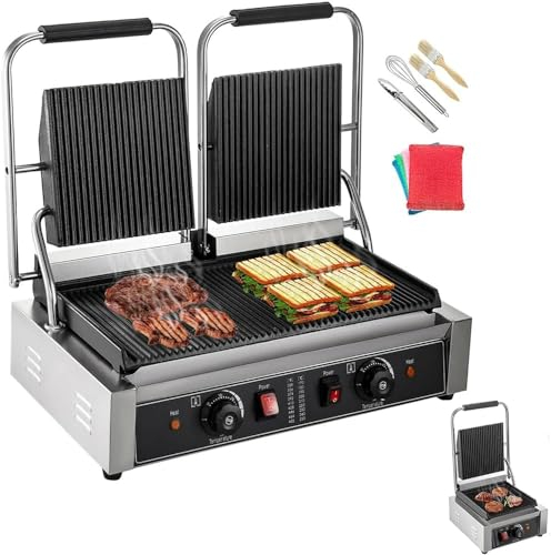 Electric Contact Grill Griddle Commercial Panini Press Grill Non-Stick for Outdoor Camping Cooking Sandwiches Steak Meat (Size:Double Wave Plate)