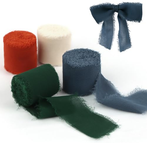 4 Rolls Handmade Fringe Chiffon Ribbon 1.5'' X 5.5 Yd - Decorative Thick for Gift Wrapping, Wedding Party Christmas Decorations, Mother's Day, DIY Crafts (White, Blue, Red, Green)