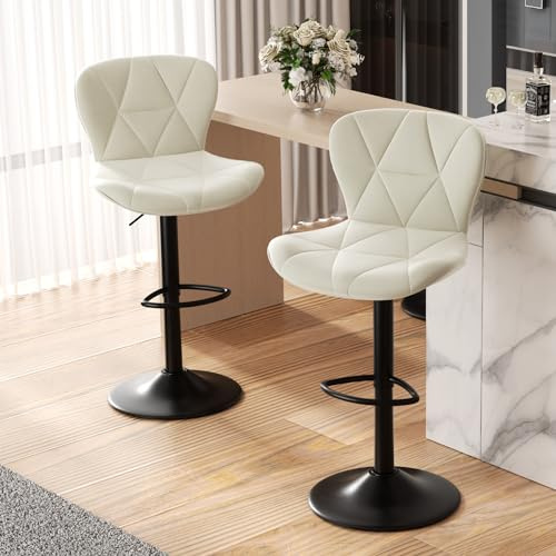 Hawthyhome Barhocker 2er Set Höhenverstellbar mit Lehne Weiß | 360° Drehbar, Kunstlederbezug, Fußstütze, Barstuhl, Kücheninsel, Heimbar, Esszimmer, BarHocker
