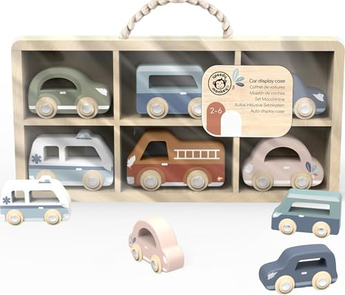 Speedy Monkey 691025 Holzauto-Set, 6 Autos im Holzsetzkasten | Motorikspielzeug, für Kinder ab 2 Jahren
