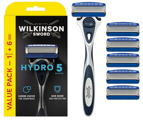 Wilkinson Sword - Hydro 5 Rasierer für Männer, Rasiergriff + 6 Rasierklingen, Feuchtigkeitsspendende Gel-Pools und umklappbarer Trimmer