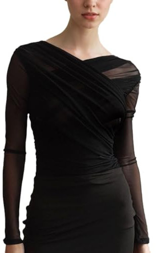 EMOTTOS Mesh Oberteil Damen, Y2K Wickeltop Slim Fit Gerüschte T-Shirts mit V-Ausschnitt, Mode Going Out Club Party Hautenges Top Sexy Durchsichtiges Design, Schwarz, M