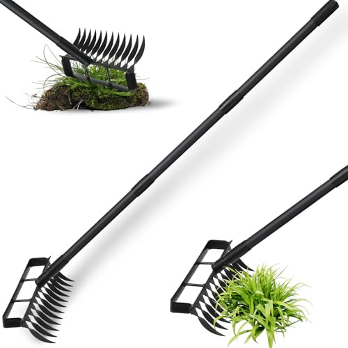 Stirrup Hoe Garden Tool Weed Puller with 76.8Inch Adjustable Stainless Steel Handle, Heavy Duty Garden Hoe and 12 Tines Rake 2 in 1 Gardening Tools Garden Cultivator for Weeding Soil Loosening, Black