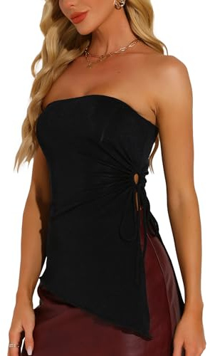 Allegra K Donna Top Donna Tubo Fascia Aderente Canotte Senza Spalline Arricciato Orlo Asimmetrico Sexy Top A Fascia Nero S