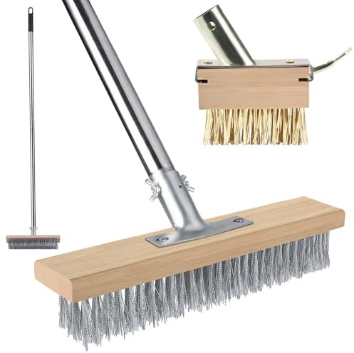 IHKFILAN Heavy Duty Wire Broom, Stainless Steel Wire Broom with 63 Inch Long Handle, 2 IN 1 Stiff Metal Bristle Brush for Removing Weed Moss, Outdoor Floor Scrub Brush for Patio, Deck, Garden