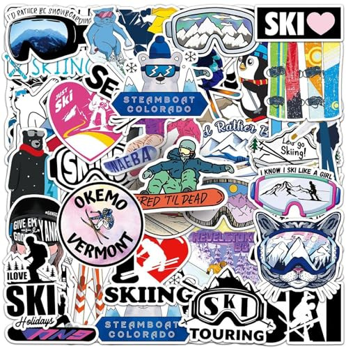 YSJCHEBS Lot de 100 autocollants à thème de ski, autocollants de dessins animés, autocollants imperméables, peuvent être utilisés pour décorer les planches à roulettes, les valises et les cahiers