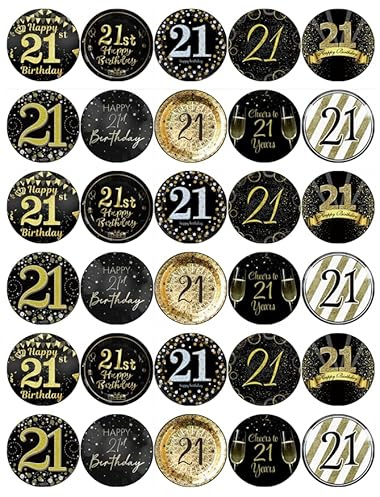 30 21st Birthday Black And Gold Pre Cut Cupcake Toppers Premium Edible Wafer Paper Fairy Cake Toppers Birthday Celebration Cakes Decorations Party NO CUTTING REQUIRED