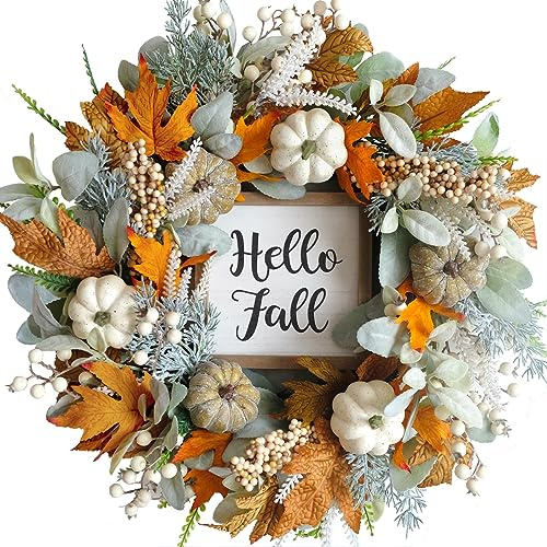 CIR OASES 20-inch Fall Wreath Yellow Maple leaves Green Rabbit ear leaves Southern Melon Berries Hello Fall Logo Front Door Wreath Thanksgiving Halloween Wedding Party Decoration