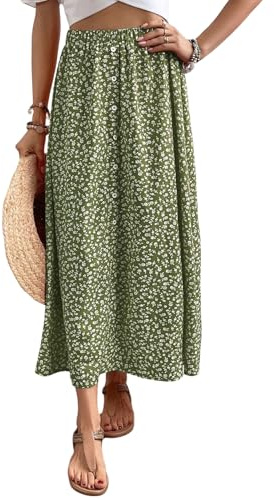 GORGLITTER Damen Midirock Böhmisch Sommerrock Blümchenmuster Röcke Ausgestellt Freizeitrock Urlaubrock Locker Midi Rock Grün M
