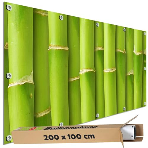 TRIOSK Sichtschutz Balkon Deko Plane Balkonblende Blickdicht mit Motiv Bambus Stäbe Optik für Garten Terrasse Gartenzaun Balkonverkleidung Blickschutz PVC groß 200x100 cm Grün