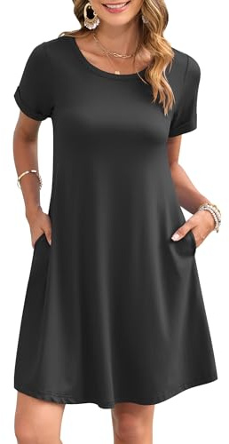 AUSELILY Women's Summer Casual Dresses 2026 Short Sleeve Swing Beach Floral T-Shirt Dress with Pockets Black XL